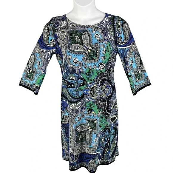 CHICOS 1 Medium Blue White Paisley 3/4 Sleeve Knit Bodycon Outdoor Shift Dress - Picture 1 of 16